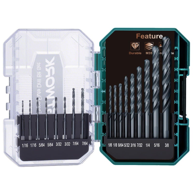Bestwork 3-Flute Cobalt Drill Bit Set, M35 Metal Drill Bits for Metal and Steel, Oxynitride Coated, 3-Flats Shank, 135 Degree Split Point, for Hardened Steel, Stainless Steel, 17-Piece, 1/16"-3/8" - Image 1