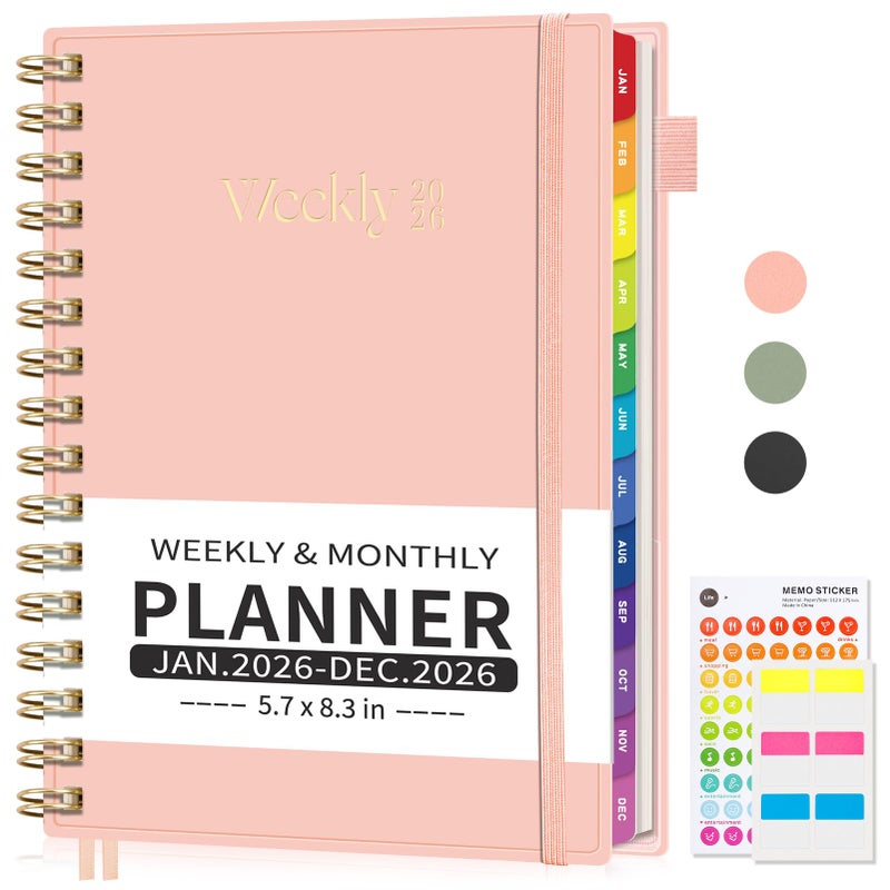 EMSHOI 2026 Planner Weekly and Monthly, Week on One Page with Notes, A5 (5.7"x8.3"), Jan-Dec 2026 Calendar Agenda with Monthly Tabs, Note Pages, 100GSM Thick Paper, Flexible Cover, Pink - Image 1