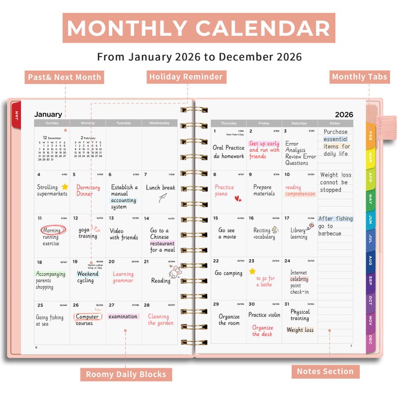 EMSHOI 2026 Planner Weekly and Monthly, Week on One Page with Notes, A5 (5.7"x8.3"), Jan-Dec 2026 Calendar Agenda with Monthly Tabs, Note Pages, 100GSM Thick Paper, Flexible Cover, Pink - Image 4