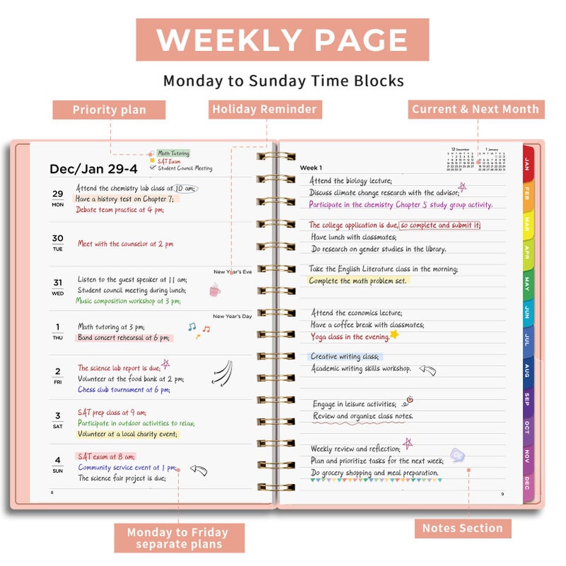 EMSHOI 2026 Planner Weekly and Monthly, Week on One Page with Notes, A5 (5.7"x8.3"), Jan-Dec 2026 Calendar Agenda with Monthly Tabs, Note Pages, 100GSM Thick Paper, Flexible Cover, Pink - Image 3