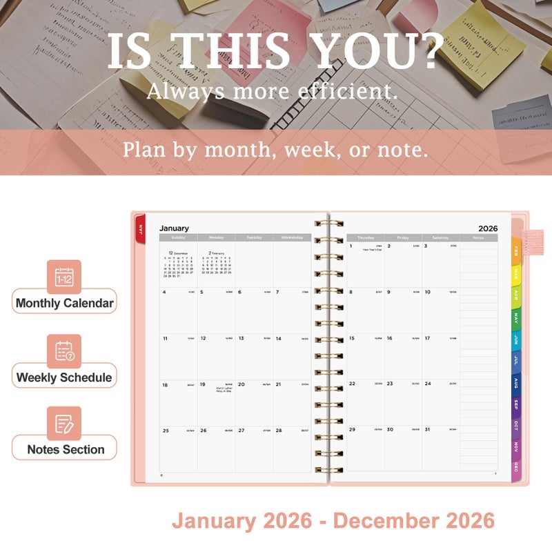 EMSHOI 2026 Planner Weekly and Monthly, Week on One Page with Notes, A5 (5.7"x8.3"), Jan-Dec 2026 Calendar Agenda with Monthly Tabs, Note Pages, 100GSM Thick Paper, Flexible Cover, Pink - Image 2