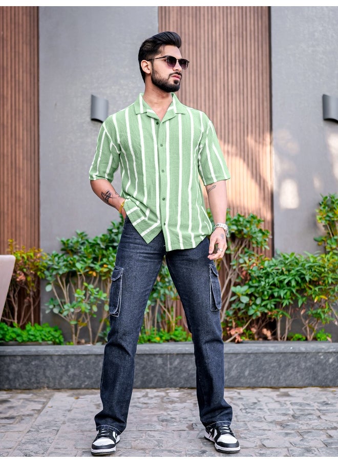 Maniac - Mens Striped Collared Neck 3/4th Sleeve Green Popcorn Knitted Shirt - Image 1