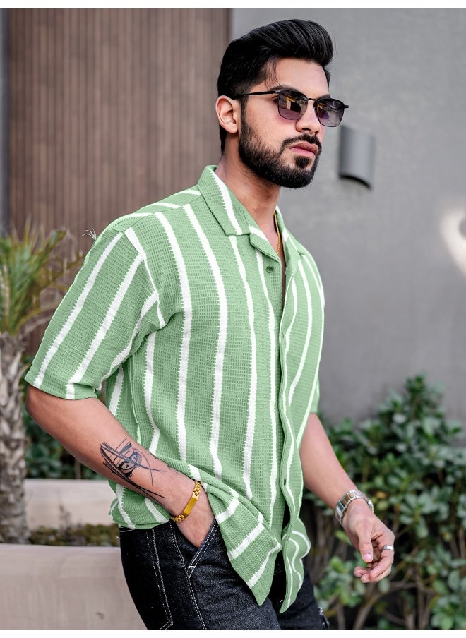Maniac - Mens Striped Collared Neck 3/4th Sleeve Green Popcorn Knitted Shirt - Image 1