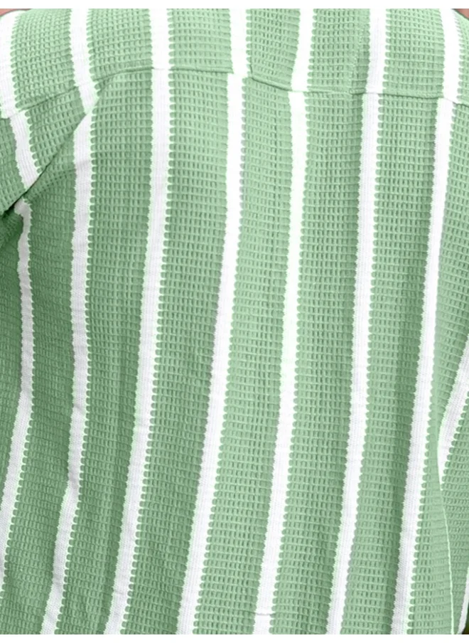 مانياك Mens Striped Collared Neck 3/4th Sleeve Green Popcorn Knitted Shirt