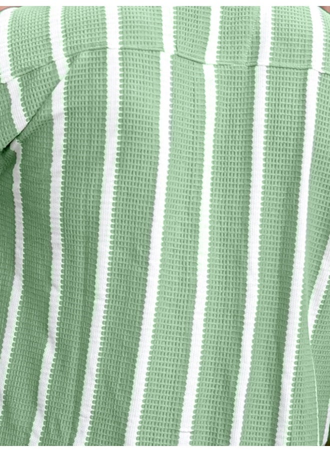 Maniac - Mens Striped Collared Neck 3/4th Sleeve Green Popcorn Knitted Shirt - Image 1