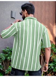 Maniac Mens Striped Collared Neck 3/4th Sleeve Green Popcorn Knitted Shirt  - Image 3