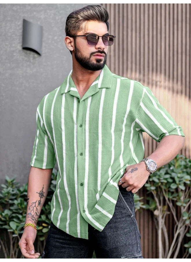 مانياك Mens Striped Collared Neck 3/4th Sleeve Green Popcorn Knitted Shirt