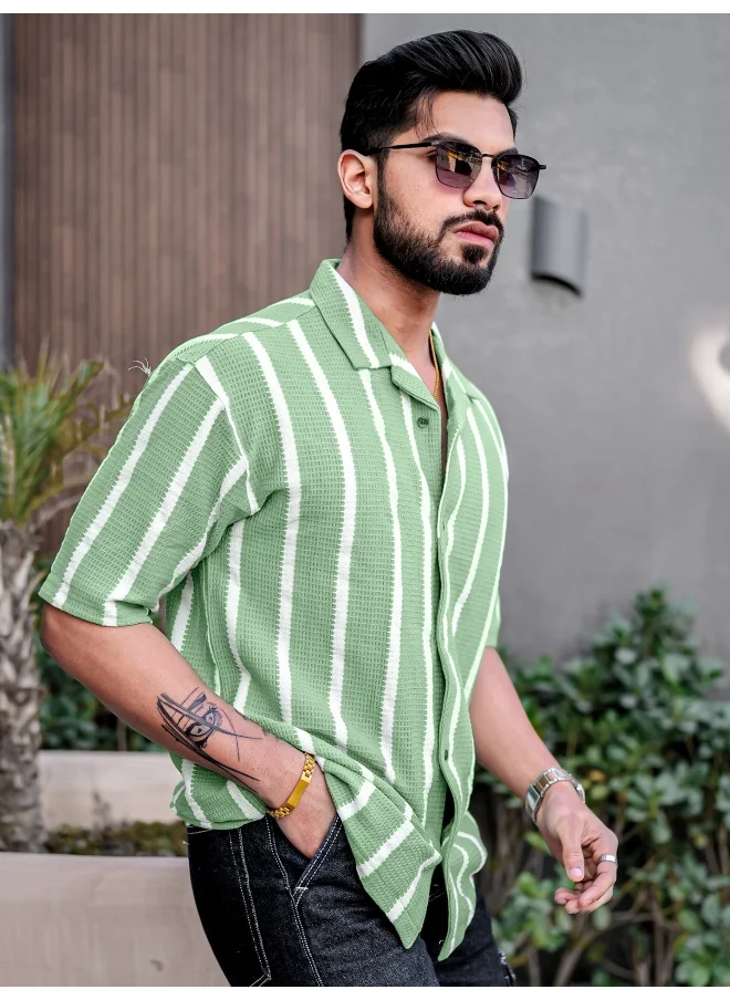 مانياك Mens Striped Collared Neck 3/4th Sleeve Green Popcorn Knitted Shirt