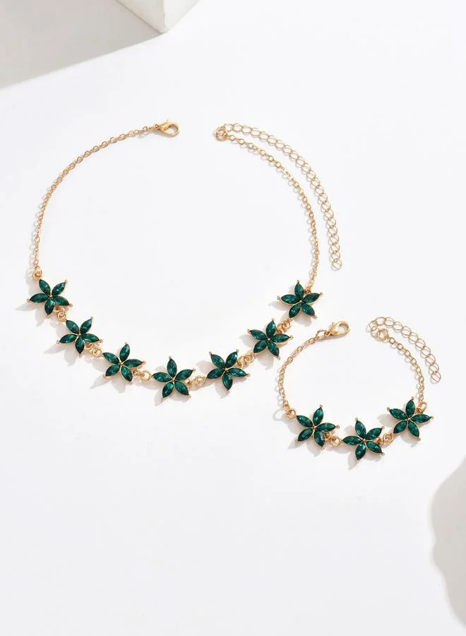 Take Two  Gold Tone Floral Rhinestone Necklace and Bracelet Set for Women | Best Price UAE