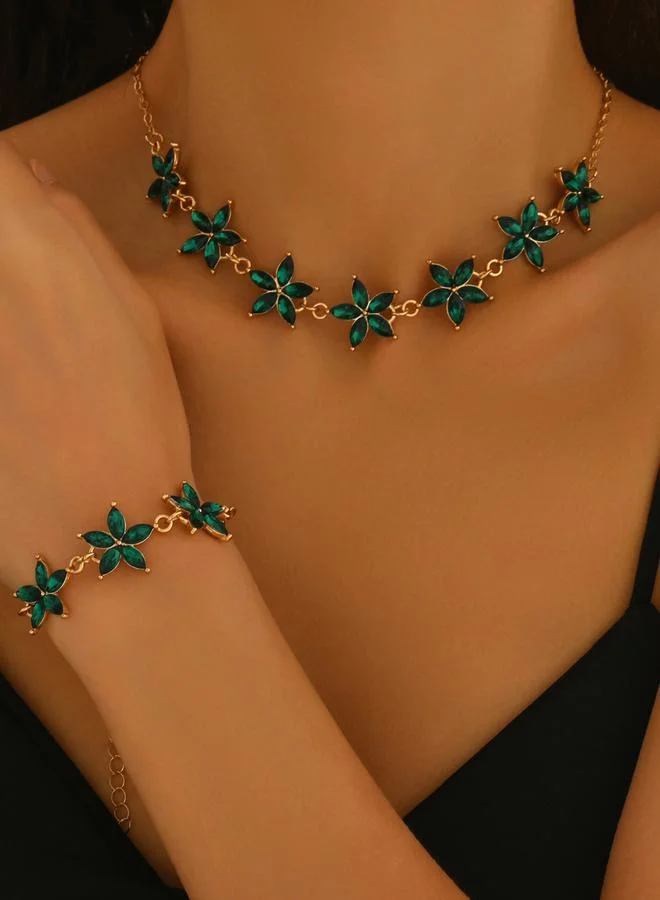 Take Two Gold Tone Floral Rhinestone Necklace and Bracelet Set