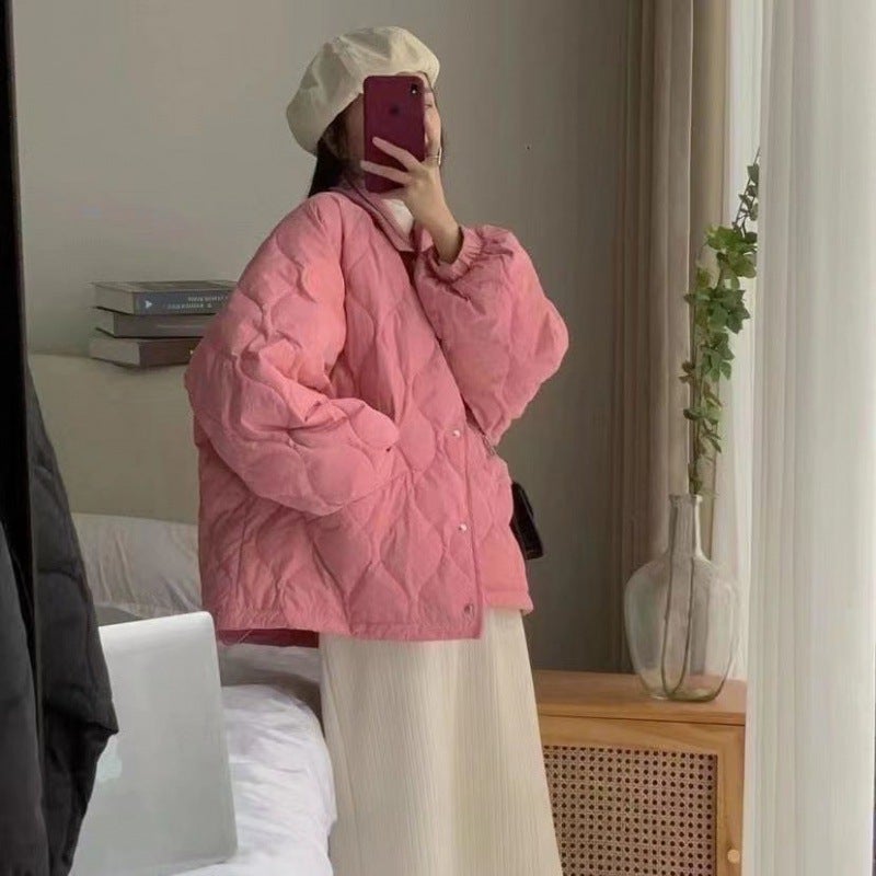 Womens Thickened Cotton Jacket Loose Casual Style Winter Outerwear Purple Lotus Seed Design City Commute Fashion 2023 pink (without drawstring) 