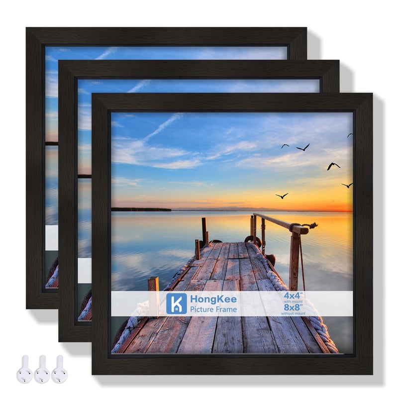 Hongkee 8x8 Picture Frames with Real Glass  Black Wooden Square Photo frame Set of 3  Displays 4x4 Picture With Mat or 8x8 Without Mat  Desktop & Wall Collage Frame set