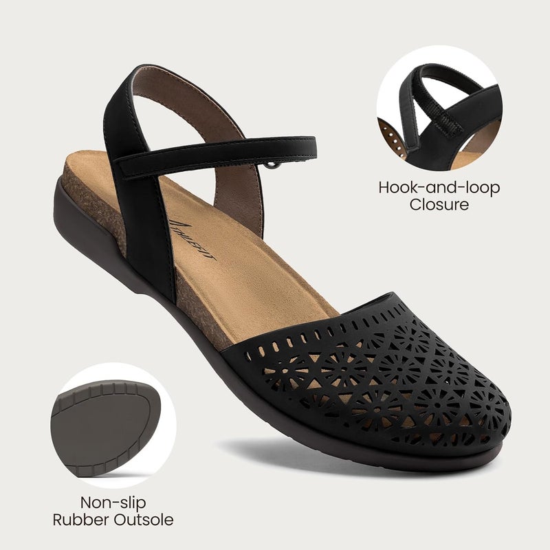 Athlefit Women's Closed Toe Sandals with Comfort Cork Footbed and Arch Support - Black Hollow - Image 3