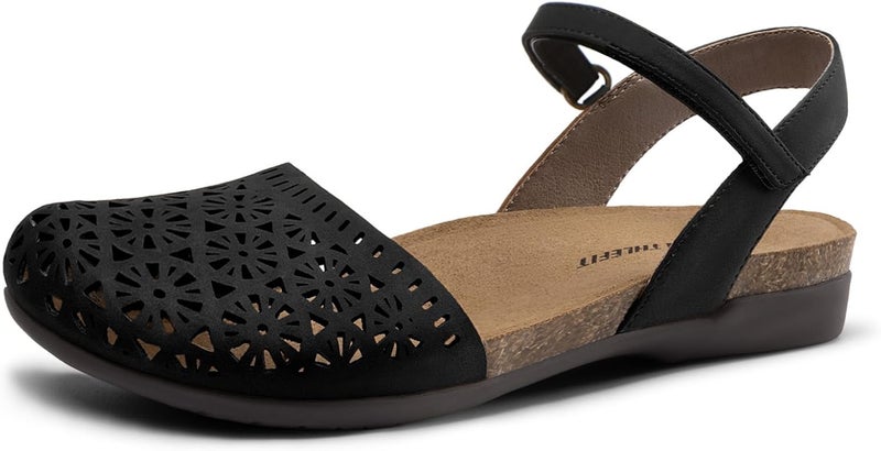 Athlefit Women's Closed Toe Sandals with Comfort Cork Footbed and Arch Support - Black Hollow - Image 1