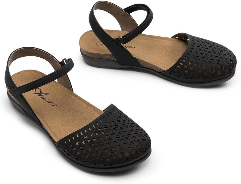 Athlefit Women's Closed Toe Sandals with Comfort Cork Footbed and Arch Support - Black Hollow - Image 4