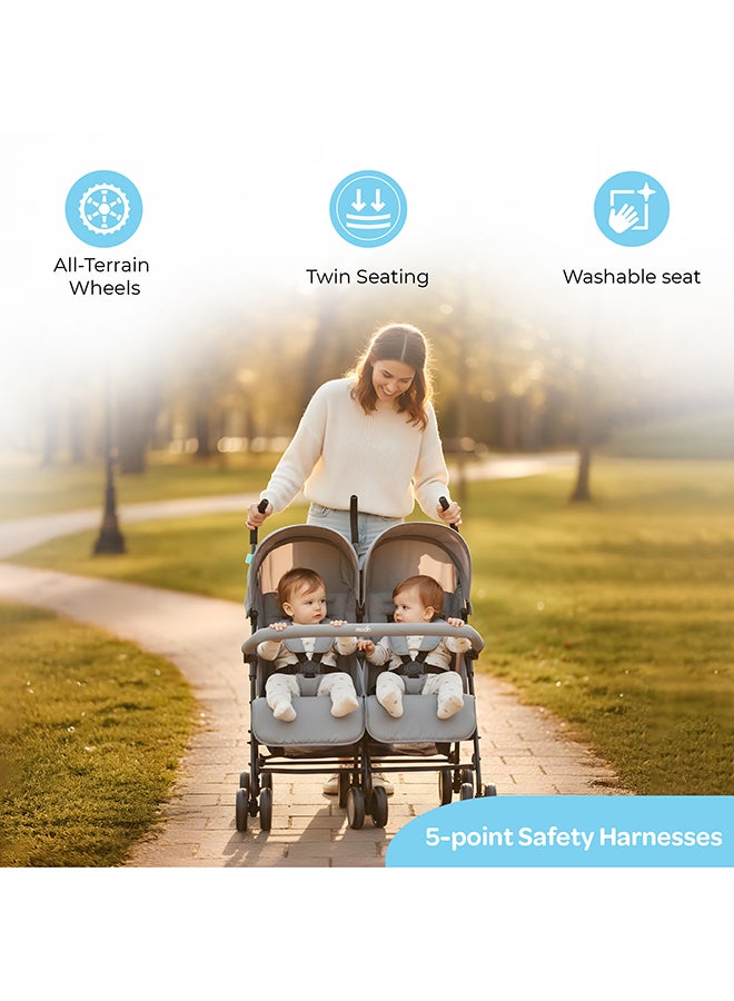 Moon Twinnzi Double Stroller for Twins & Siblings – Side by Side Duo Tandem Pram for Infant & Toddler (0-3 Years), Lightweight, UV Canopy, Adjustable Recline Seats-Upto 15kg per Seat - Grey - Image 4