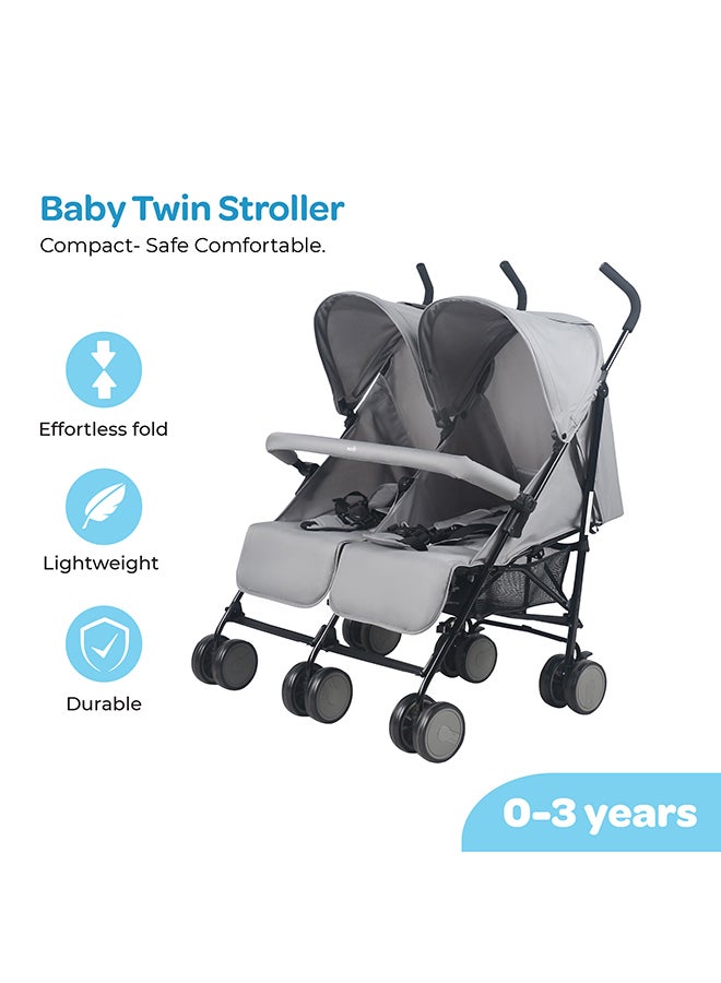Moon Twinnzi Double Stroller for Twins & Siblings – Side by Side Duo Tandem Pram for Infant & Toddler (0-3 Years), Lightweight, UV Canopy, Adjustable Recline Seats-Upto 15kg per Seat - Grey - Image 2