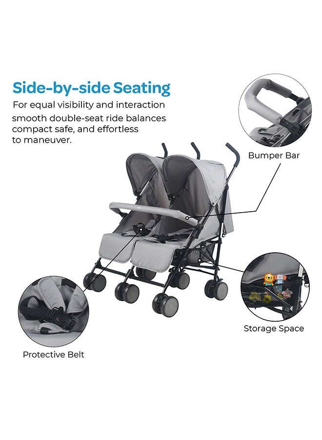 Moon Twinnzi Double Stroller for Twins & Siblings – Side by Side Duo Tandem Pram for Infant & Toddler (0-3 Years), Lightweight, UV Canopy, Adjustable Recline Seats-Upto 15kg per Seat - Grey - Image 5