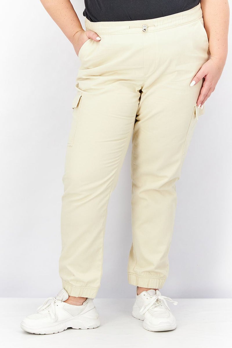 Tchibo Women Drawstring Plain Cargo Pants, Beige  - Image 1