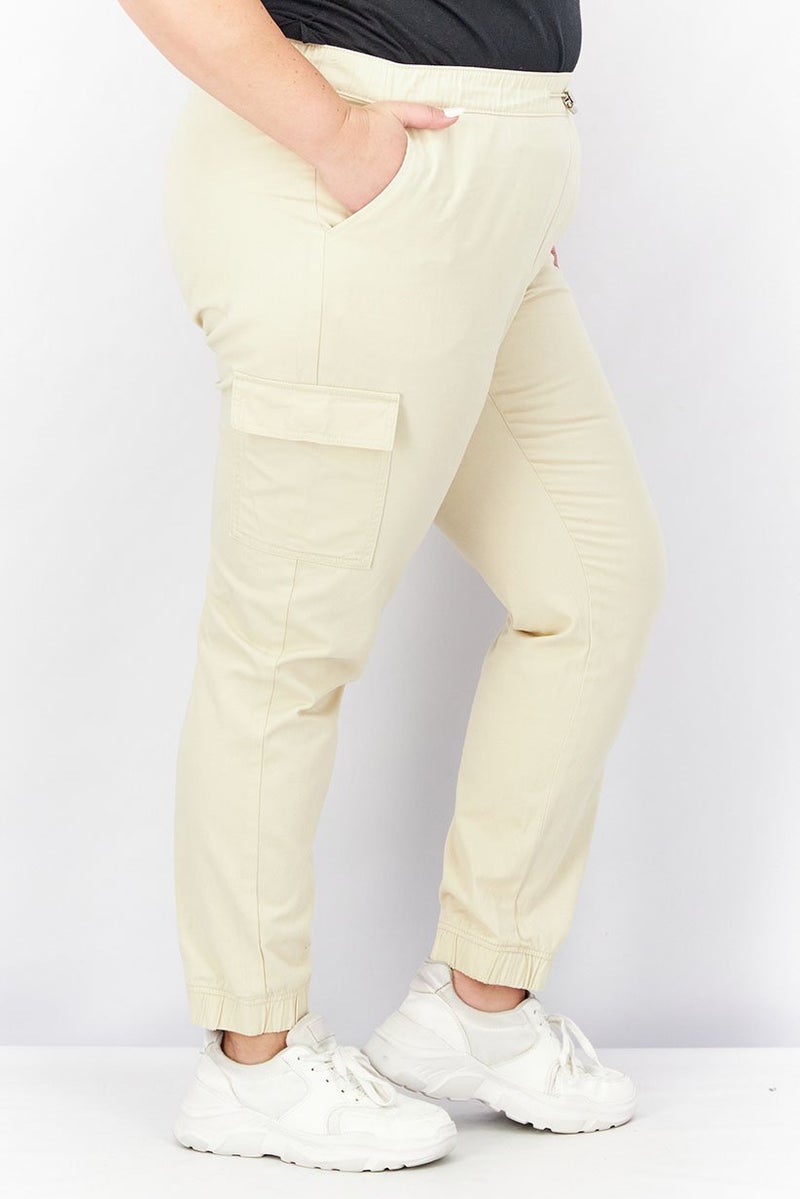 Tchibo Women Drawstring Plain Cargo Pants, Beige - Image 2