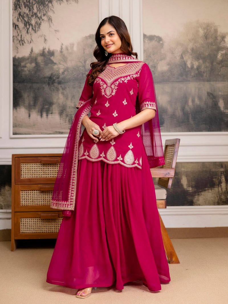 TRENDMALLS Women's Georgette Embroidery Kurta Palazzo Set with Dupatta (G314-Pink-S-) - Image 3