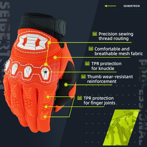 Seibertron Unisex MX ATV MTB Racing Gloves - Full Finger Touchscreen Glove for Bicycle Cycling Mountain Biking Motorcycle and Motocross Fluo Orange M - Image 3