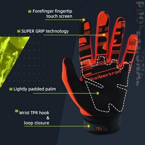 Seibertron Unisex MX ATV MTB Racing Gloves - Full Finger Touchscreen Glove for Bicycle Cycling Mountain Biking Motorcycle and Motocross Fluo Orange M - Image 4