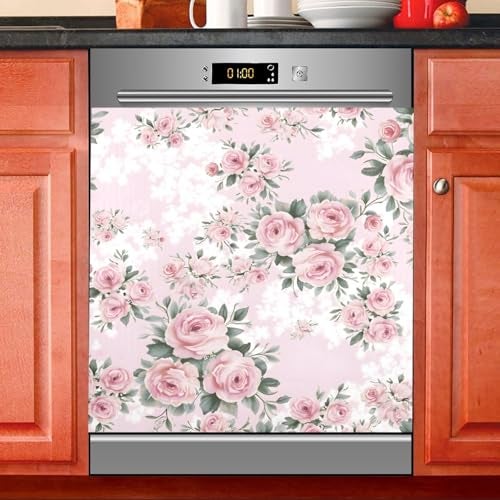 BOENLE Floral Pink Roses Bouquets Dishwasher Magnet Cover Sticker Magnetic Refrigerator Panel Front Door Fridge Microwave Decal Decorative Vinyl - Image 1
