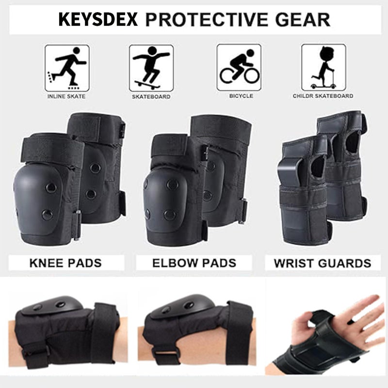 KEYSDEX Adult 6 in 1 Protective Gear Set,Knee Elbow Wrist Pads with Polypropylene Shell & EVA Padding for Skate&Skateboarding,Cycling,Roller Skating,Snowboarding,Scooter,BMX Black Large (134-190 LBS) - Image 2