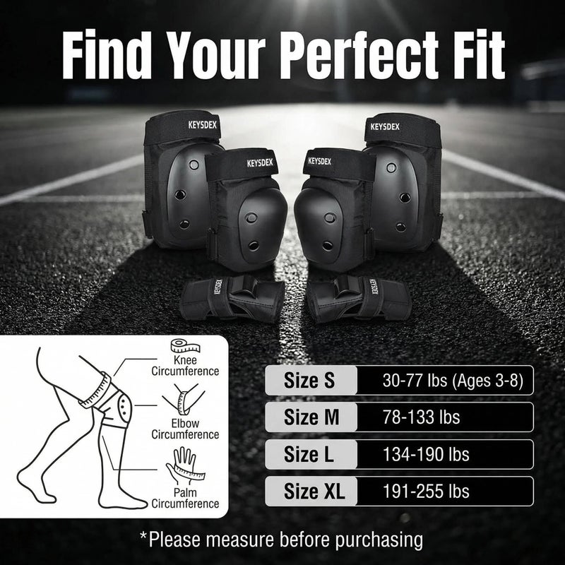 KEYSDEX Adult 6 in 1 Protective Gear Set,Knee Elbow Wrist Pads with Polypropylene Shell & EVA Padding for Skate&Skateboarding,Cycling,Roller Skating,Snowboarding,Scooter,BMX Black Large (134-190 LBS) - Image 5