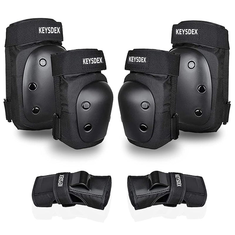 KEYSDEX Adult 6 in 1 Protective Gear Set,Knee Elbow Wrist Pads with Polypropylene Shell & EVA Padding for Skate&Skateboarding,Cycling,Roller Skating,Snowboarding,Scooter,BMX Black Large (134-190 LBS) - Image 1