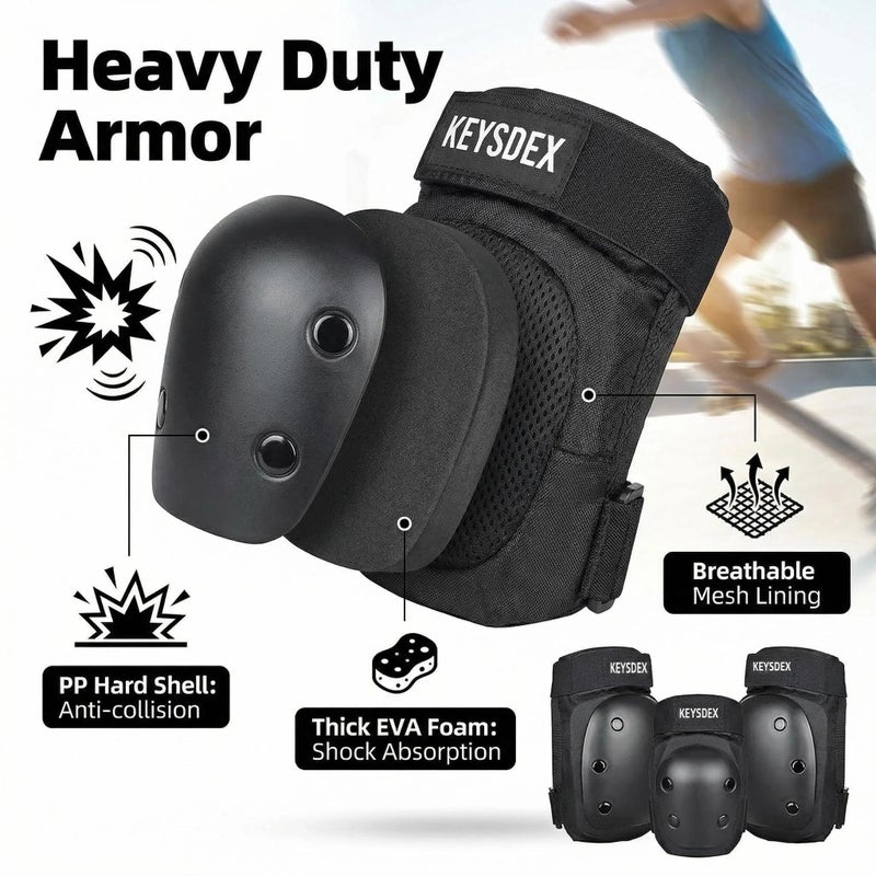 KEYSDEX Adult 6 in 1 Protective Gear Set,Knee Elbow Wrist Pads with Polypropylene Shell & EVA Padding for Skate&Skateboarding,Cycling,Roller Skating,Snowboarding,Scooter,BMX Black Large (134-190 LBS) - Image 3
