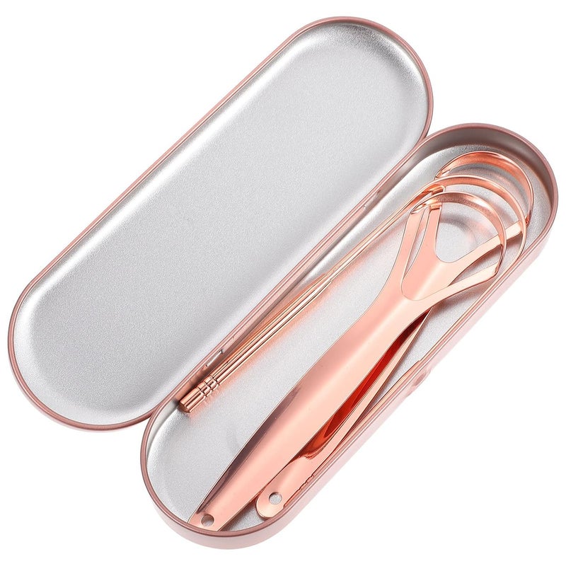 Cleaner and Scraper Set Gold Large Stainless Steel with U-shaped 3pcs Aluminum Case Reusable Oral Cleaning Tool for Bad Breath Removal and Daily Hygiene Care - Image 1