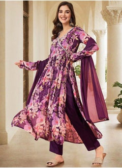 ISHIN Women's Purple Chiffon Printed Tunic Full Length Casual Straight Fit Kurta Set  - Image 5