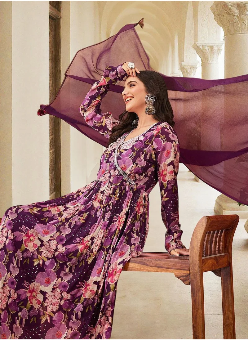آي شين Women's Purple Chiffon Printed Tunic Full Length Casual Straight Fit Kurta Set