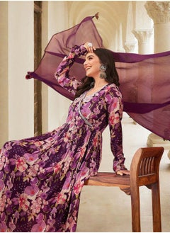 ISHIN Women's Purple Chiffon Printed Tunic Full Length Casual Straight Fit Kurta Set  - Image 1
