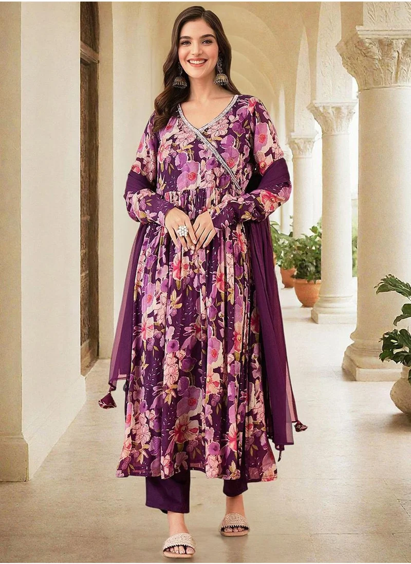 آي شين Women's Purple Chiffon Printed Tunic Full Length Casual Straight Fit Kurta Set