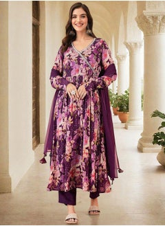 ISHIN Women's Purple Chiffon Printed Tunic Full Length Casual Straight Fit Kurta Set  - Image 2