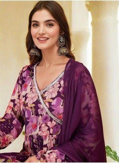 ISHIN Women's Purple Chiffon Printed Tunic Full Length Casual Straight Fit Kurta Set  - Image 3