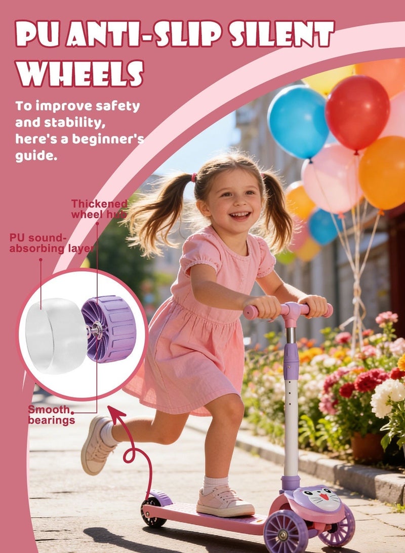 Shuer Kick Scooters for Kids, with Flashing Wheels and Adjustable Handle for Children, Kick Scooter with Music and Light for 1-6 Years Boys and Girls Indoor Outdoor(Pink) - Image 4