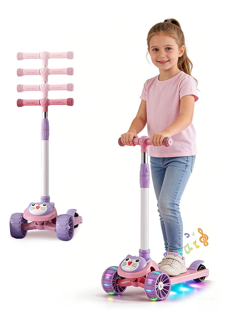 Shuer Kick Scooters for Kids, with Flashing Wheels and Adjustable Handle for Children, Kick Scooter with Music and Light for 1-6 Years Boys and Girls Indoor Outdoor(Pink) - Image 1