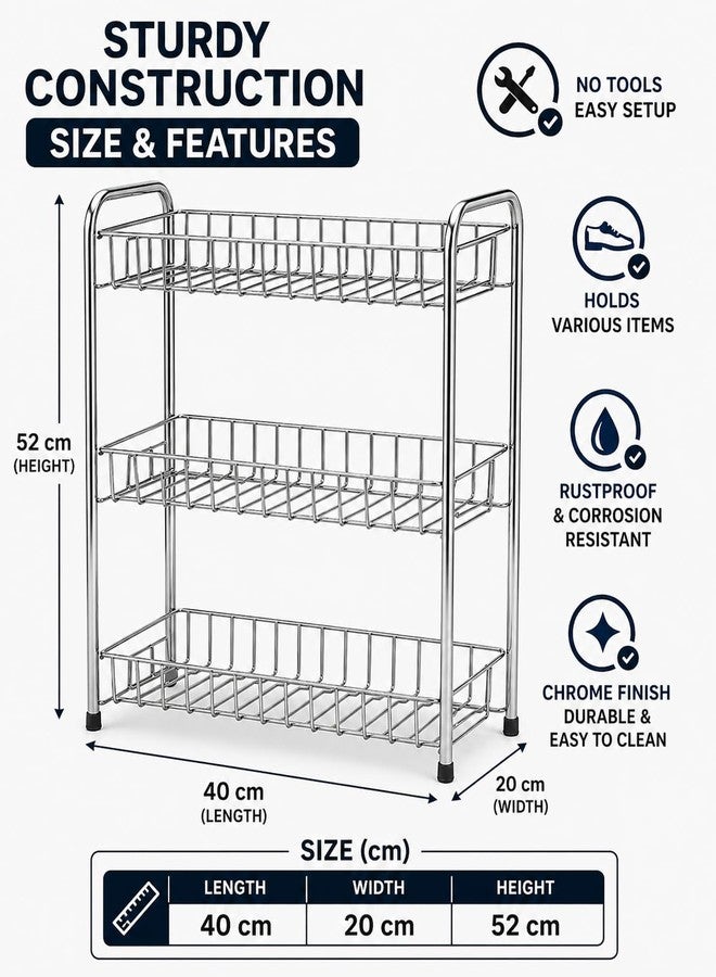 GLOCY 3-Tier Multipurpose Kitchen Rack| Storage Rack| Stainless Steel Shelf Home utensils Organizer| Rack for Books, Towel, cutlery (Pack of 1,Silver) - Image 4