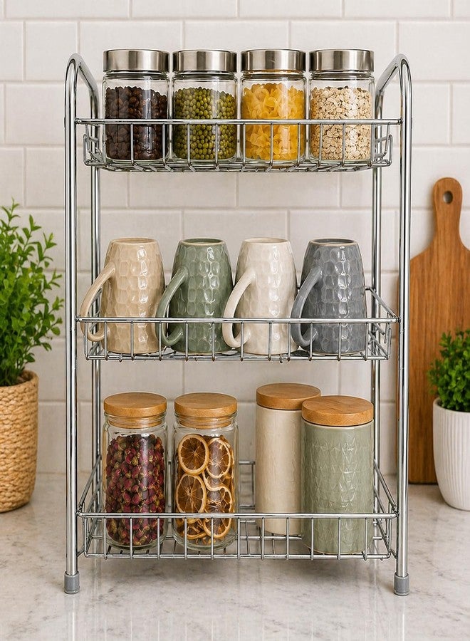 GLOCY 3-Tier Multipurpose Kitchen Rack| Storage Rack| Stainless Steel Shelf Home utensils Organizer| Rack for Books, Towel, cutlery (Pack of 1,Silver) - Image 1