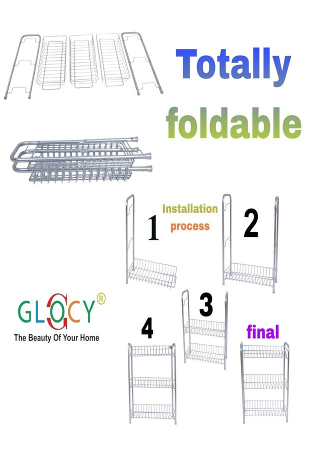 GLOCY 3-Tier Multipurpose Kitchen Rack| Storage Rack| Stainless Steel Shelf Home utensils Organizer| Rack for Books, Towel, cutlery (Pack of 1,Silver) - Image 3