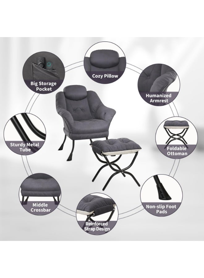Lounge Chair with Ottoman - Ergonomic Modern Armchair for Living Room, Bedroom, Small Spaces - Collapsible Footrest, Pillow, Washable Cover, Side Pocket, Metal Frame - Image 4