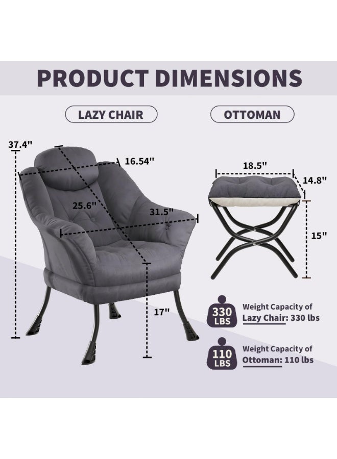Lounge Chair with Ottoman - Ergonomic Modern Armchair for Living Room, Bedroom, Small Spaces - Collapsible Footrest, Pillow, Washable Cover, Side Pocket, Metal Frame - Image 2