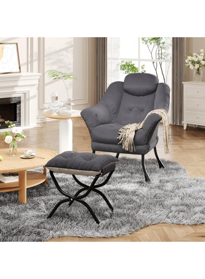 Lounge Chair with Ottoman - Ergonomic Modern Armchair for Living Room, Bedroom, Small Spaces - Collapsible Footrest, Pillow, Washable Cover, Side Pocket, Metal Frame - Image 1