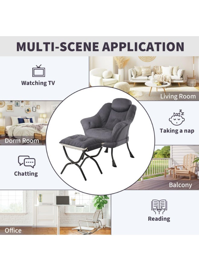 Lounge Chair with Ottoman - Ergonomic Modern Armchair for Living Room, Bedroom, Small Spaces - Collapsible Footrest, Pillow, Washable Cover, Side Pocket, Metal Frame - Image 3