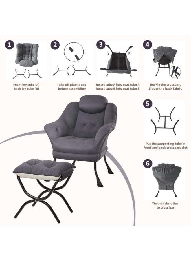Lounge Chair with Ottoman - Ergonomic Modern Armchair for Living Room, Bedroom, Small Spaces - Collapsible Footrest, Pillow, Washable Cover, Side Pocket, Metal Frame - Image 5