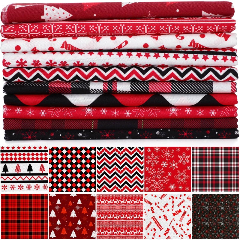 Hicarer 10 Pcs 20x20 Christmas Cotton Fabric Square Bundles Red Black Reindeer Plaid Snowflake 10 Patterns Patchwork Christmas Fat Quarters for DIY Xmas Art Sewing Home Party Craft - Image 2